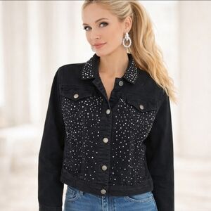 Y2k Rhinestone Studded Black Jean Denim Cropped Jean Jacket Sz S